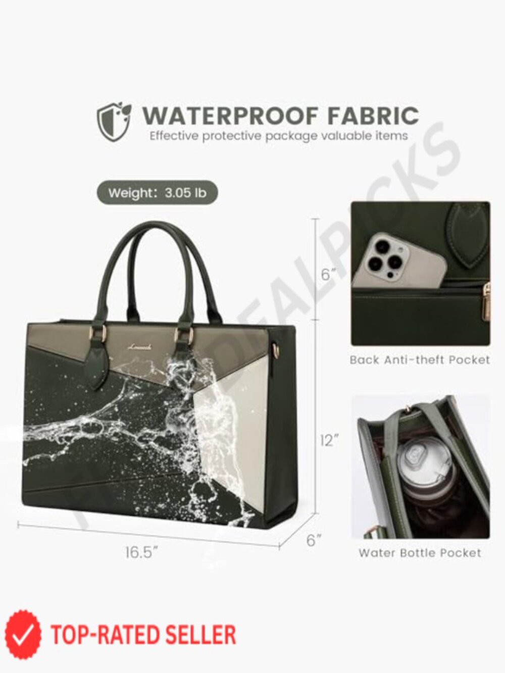 15.6" Laptop Tote Bag Waterproof Lightweight Professional Office Work Satchel - Picture 6 of 6